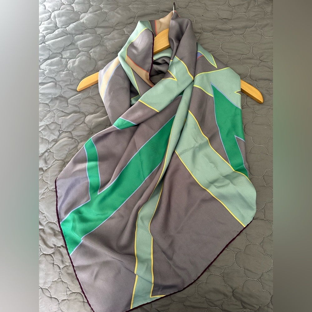 Asprey Gray Mauve Green Peach Geometric Scarf 100% silk